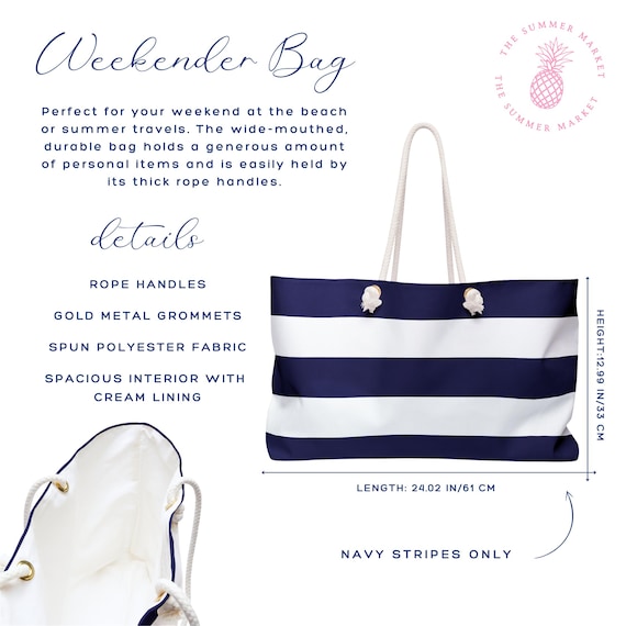 Navy Striped Summer Beach Bag, Personalized Weekender Bag, Blue