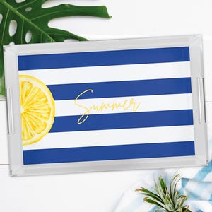 Royal Striped Summer Tray, Personalized Acrylic Tray, Blue and White Striped Tray, Watercolor Lemon Dish, Coastal Beach Decor, Custom Gift