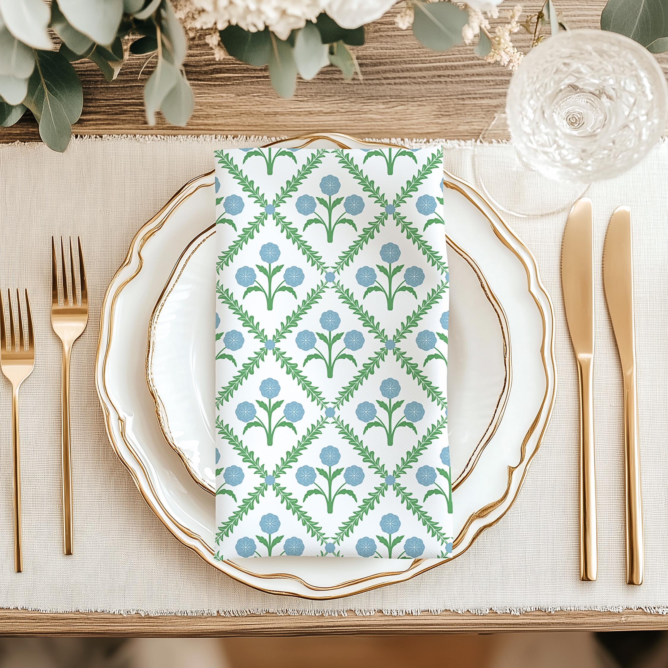 Blue and Green Boho Spring Napkins, Modern Floral Dinner Napkins, Set of 4, Preppy Trellis Napkins, Grandmillennial Home Decor, Spring Decor