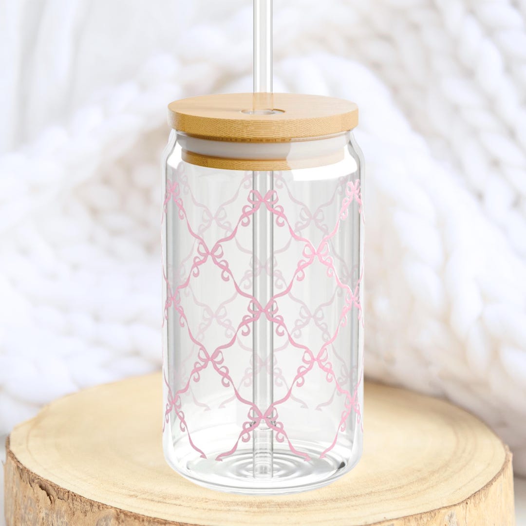 Pink Coquette Bows Glass, Personalized Sipper Glass, Preppy Iced Coffee ...