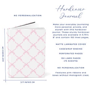 Pink Coquette Bows Journal, Personalized Hardcover Journal, Watercolor Monogram Crest Notebook No Personalization