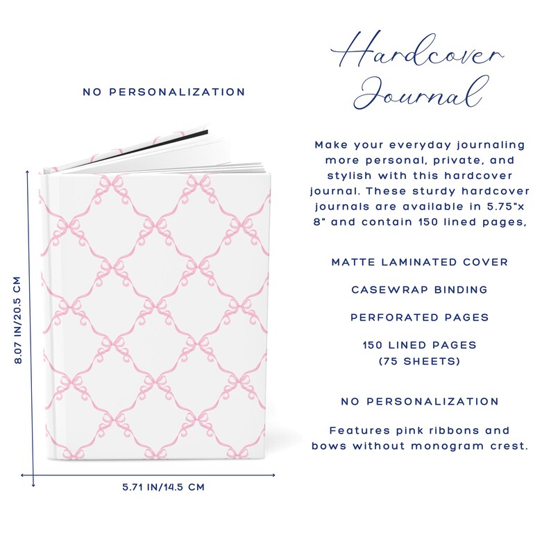 Pink Coquette Bows Journal, Personalized Hardcover Journal, Watercolor Monogram Crest Notebook No Personalization