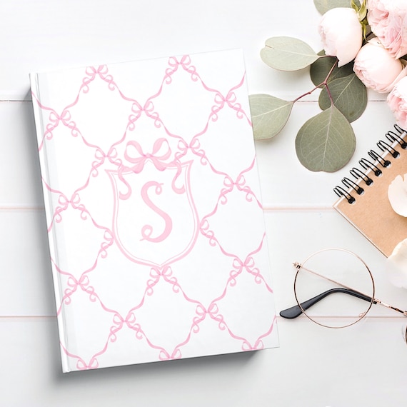 Pink Coquette Bows Journal, Personalized Hardcover Journal, Watercolor Monogram Crest Notebook