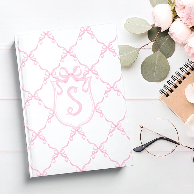 Pink Coquette Bows Journal, Personalized Hardcover Journal, Watercolor Monogram Crest Notebook image 1