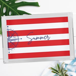 Red Striped Summer Tray, Personalized Acrylic Tray, Red and White Striped Tray, Compass Decorative Tray, Coastal Beach Decor, Custom Gift