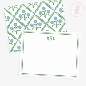 Papeterie de printemps bohème bleue et verte, cartes personnalisées florales modernes, cartes pour notes preppy en treillis, papeterie grand-millénaire, cadeau pour elle