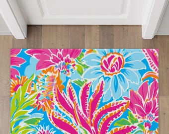 Pink Preppy Floral Rug, Colorful Personalized Welcome Mat, Watercolor Floral Rug, Preppy Home Decor, Coastal Beach Decor