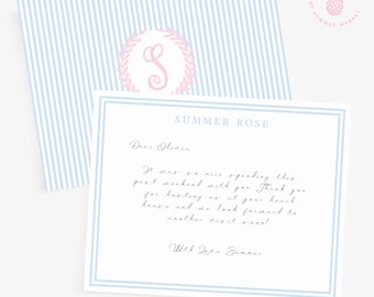 Blue French Country Stationery, Personalized Stationery, Preppy Striped Notecards, Watercolor Monogram Crest, Coastal Decor, Custom Gift