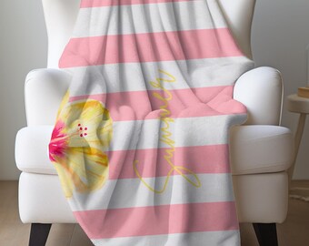 Coral Striped Summer Blanket, Personalized Throw Blanket, Coral and White Striped Blanket, Plush Baby Blanket, Coastal Decor