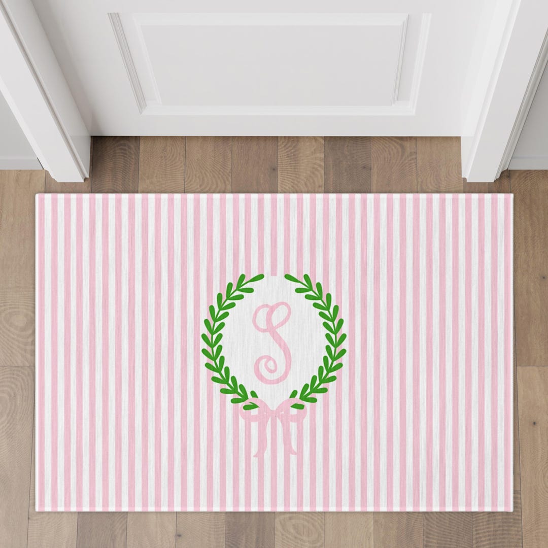 Pink French Country Rug, Personalized Welcome Mat, Preppy Striped Rug ...