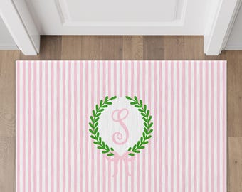 Pink French Country Rug, Personalized Welcome Mat, Preppy Striped Rug, Watercolor Monogram Crest, Coastal Home Decor