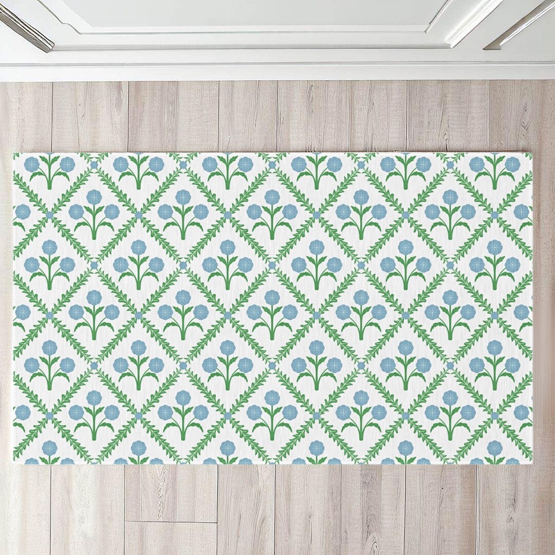 Preppy Blue Rug Blue and Green Boho Spring Rug, Modern Floral Welcome Mat, Preppy ...