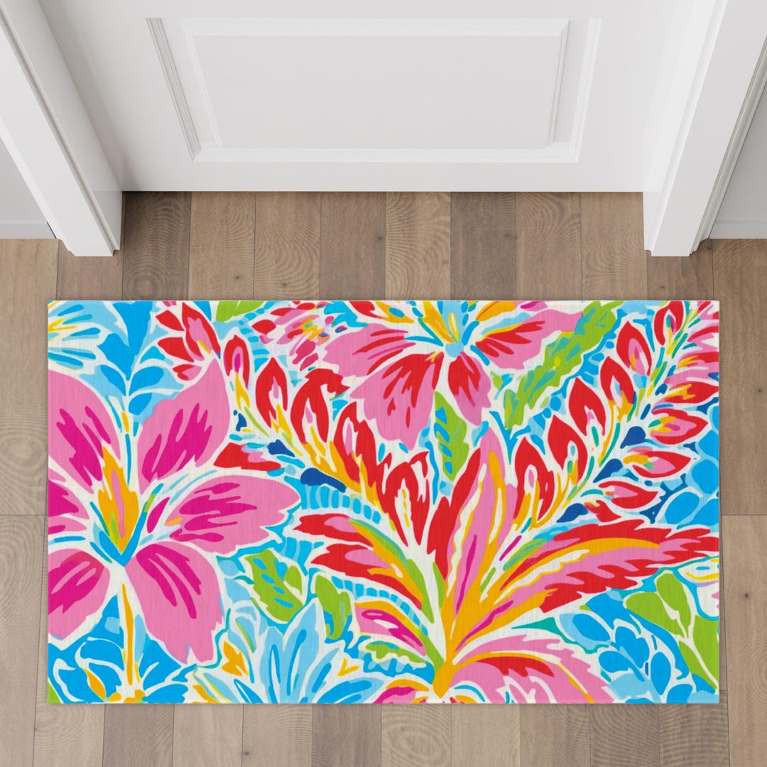Preppy Rug Designs Blue Preppy Floral Rug, Colorful Personalized Welcome Mat, Watercolor ...