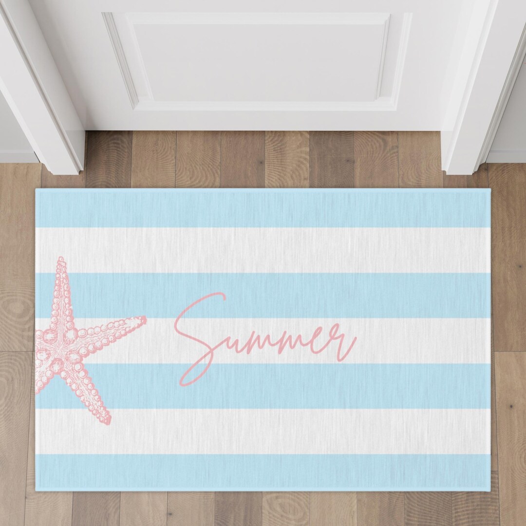 Preppy Blue Rug Blue Striped Summer Rug, Personalized Coastal Welcome Mat, Blue and ...