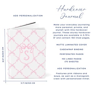 Pink Coquette Bows Journal, Personalized Hardcover Journal, Watercolor Monogram Crest Notebook Add Personalization