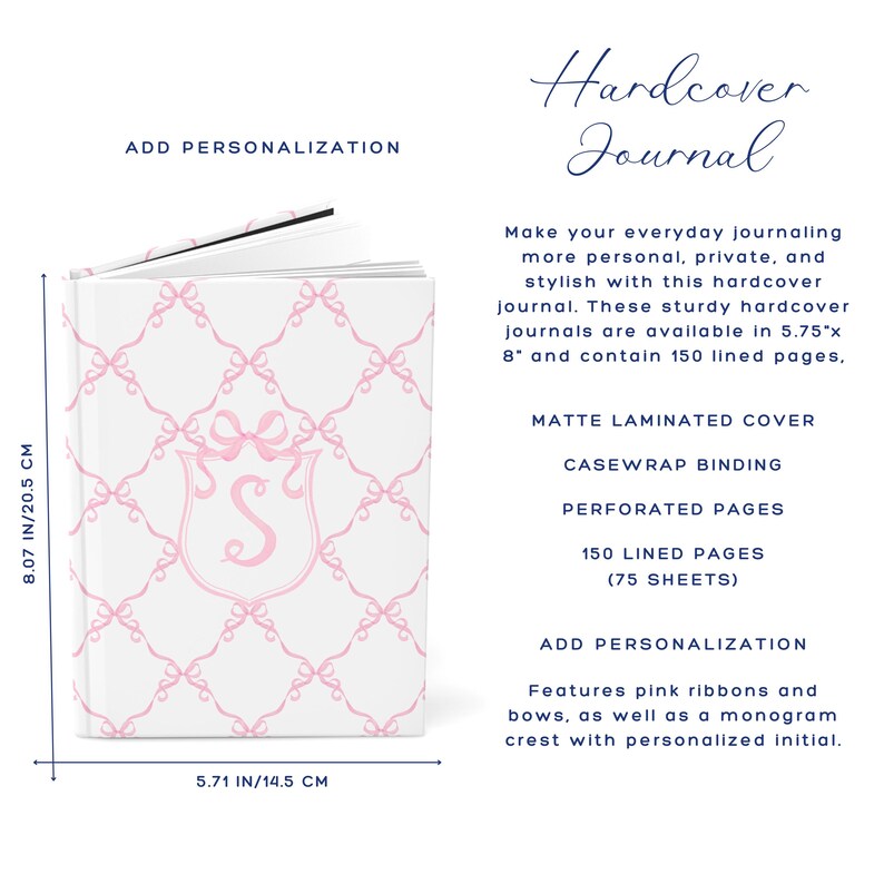 Pink Coquette Bows Journal, Personalized Hardcover Journal, Watercolor Monogram Crest Notebook Add Personalization