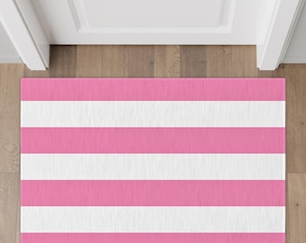 Pink Cabana Stripes Rug, Personalized Welcome Mat, Pink and White Striped Layering Rug, Preppy Home Decor, Coastal Beach Decor