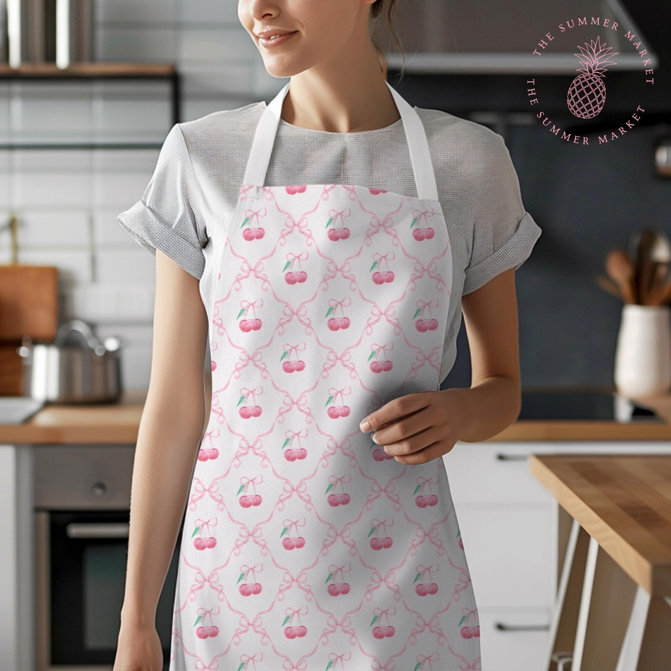 Pink Mon Cheri Apron, Coquette Cherry Kitchen Apron, Pink