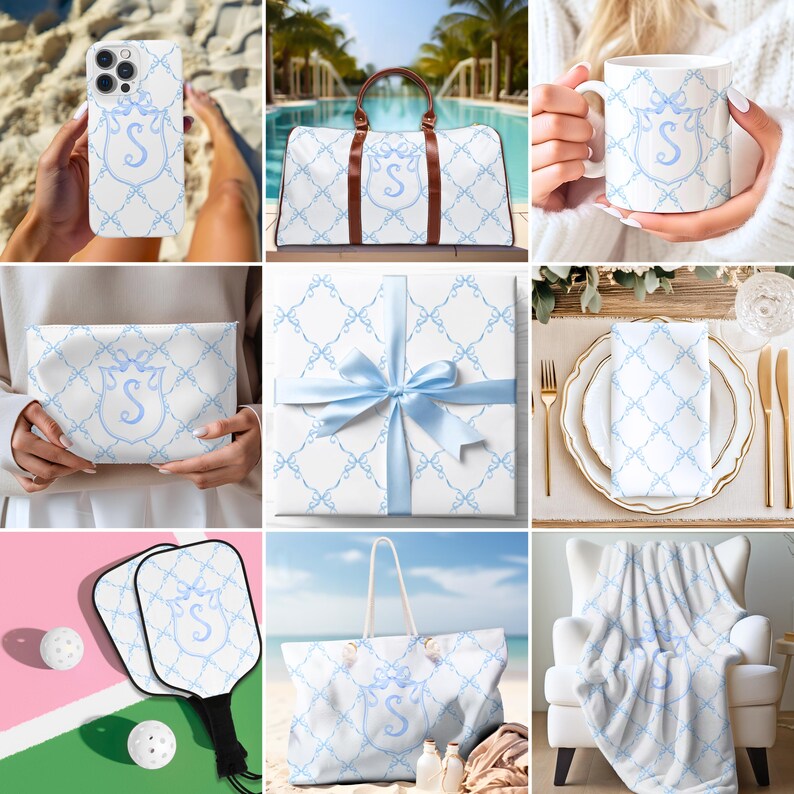 May include: A collection of white and light blue patterned items, including a phone case, duffel bag, mug, cosmetic bag, gift wrap, place setting, pickleball paddles, tote bag, and a blanket. Each item features a monogrammed crest with the letter "S".