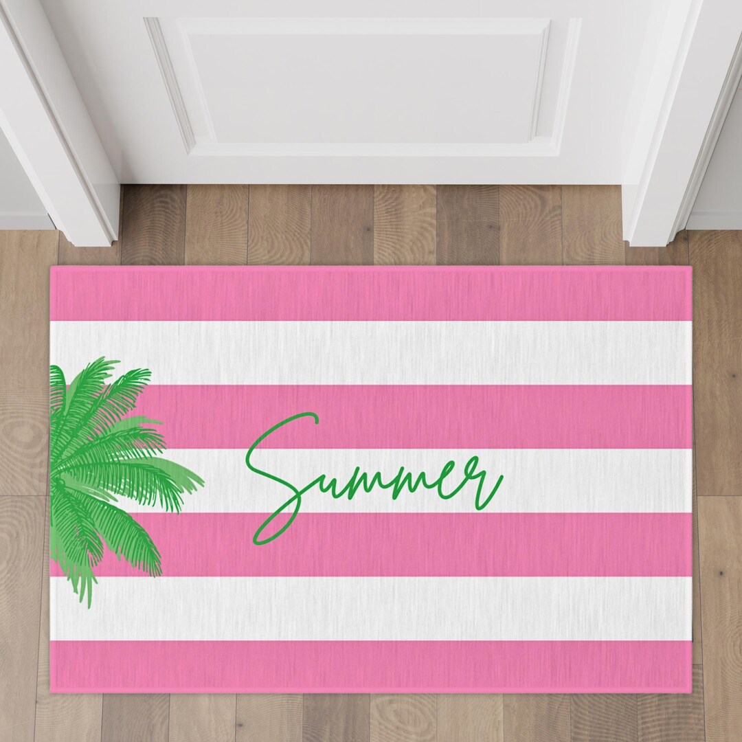 Pink Striped Summer Rug, Personalized Coastal Welcome Mat, Pink and ...