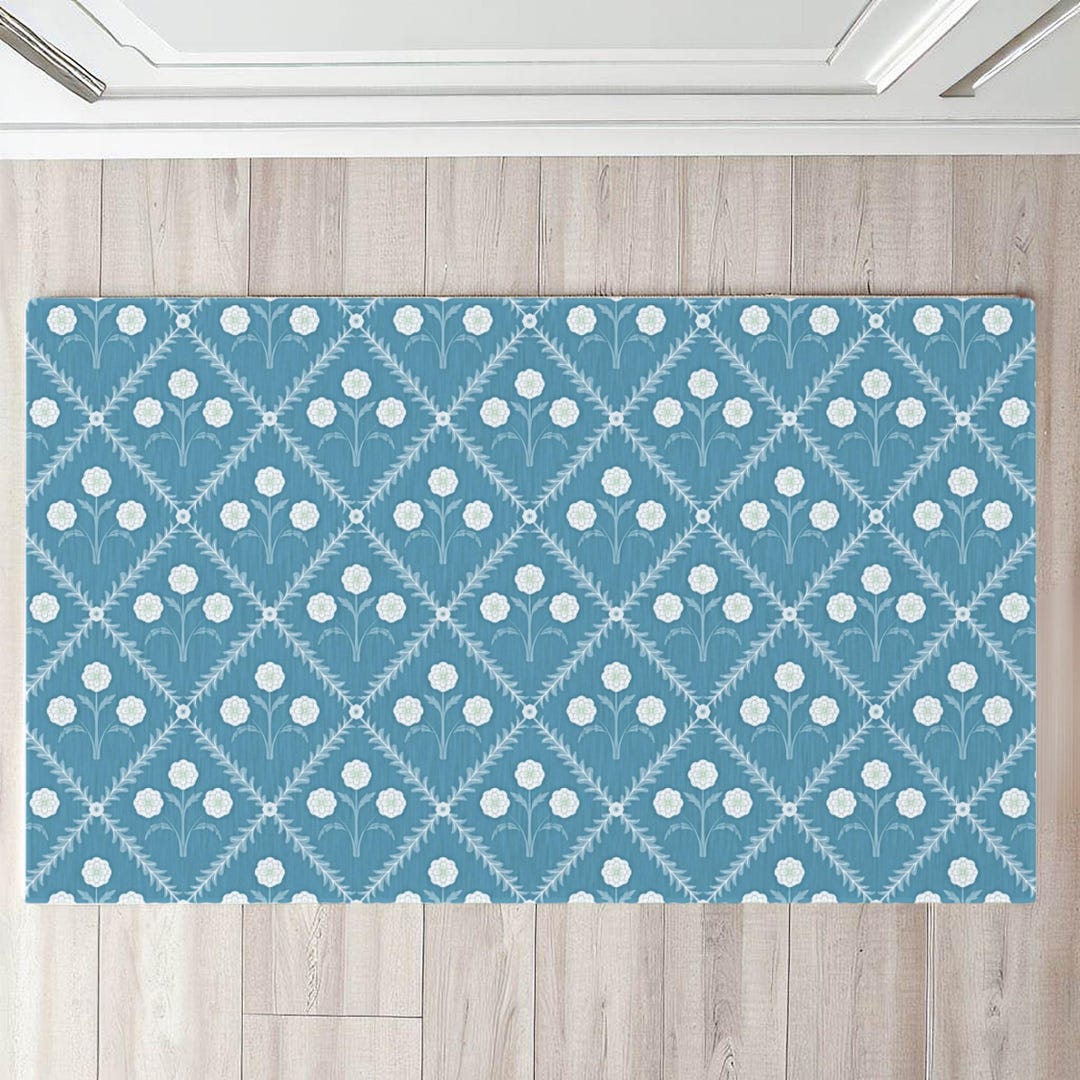 Preppy Blue Rug Blue Boho Spring Rug, Modern Floral Welcome Mat, Preppy Trellis Rug ...