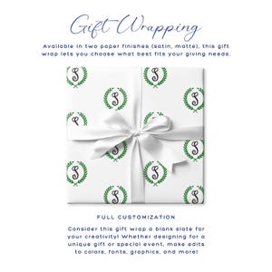 May include: White gift wrap with a repeating pattern of green laurel wreaths and the letter "S" in black. A white satin ribbon is tied around the wrapped gift. The text "Gift Wrapping" is at the top.