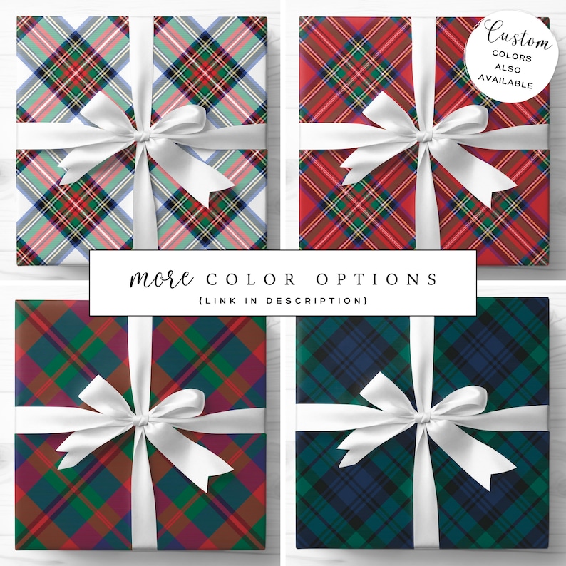 May include: Four gift boxes wrapped in plaid patterned paper with white satin bows. The plaid patterns include red, green, blue, and burgundy. The text "more color options" is displayed in a white rectangle.