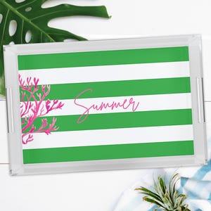 Green Striped Summer Tray, Personalized Acrylic Tray, Green and White Striped Tray, Watercolor Coral Tray, Coastal Beach Decor, Custom Gift