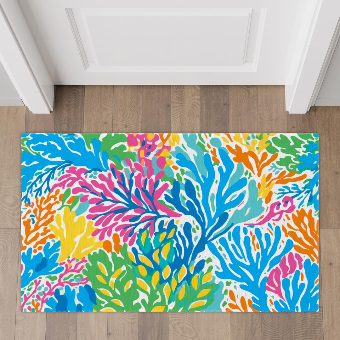 Pink Preppy Coral Rug, Colorful Personalized Welcome Mat, Watercolor ...