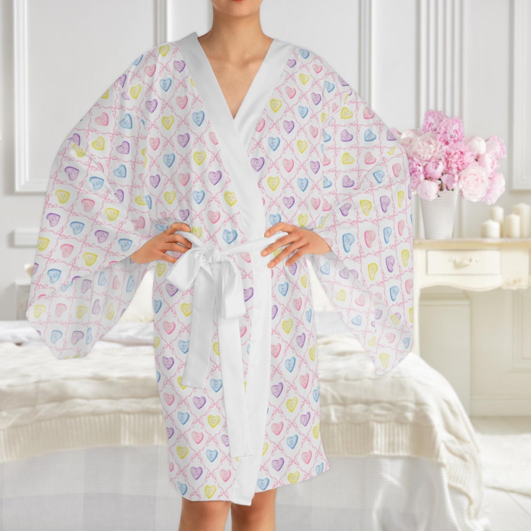 Pink Sweetheart Kimono Robe, Valentine's Day Silky Robe, Pink Coquette ...