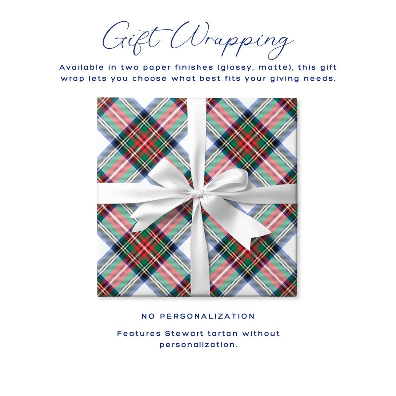 May include: Gift wrapping with a Stewart tartan pattern. The gift wrap is white with a plaid design in red, green, and blue, tied with a white ribbon. The text says "Gift Wrapping" and "No Personalization".