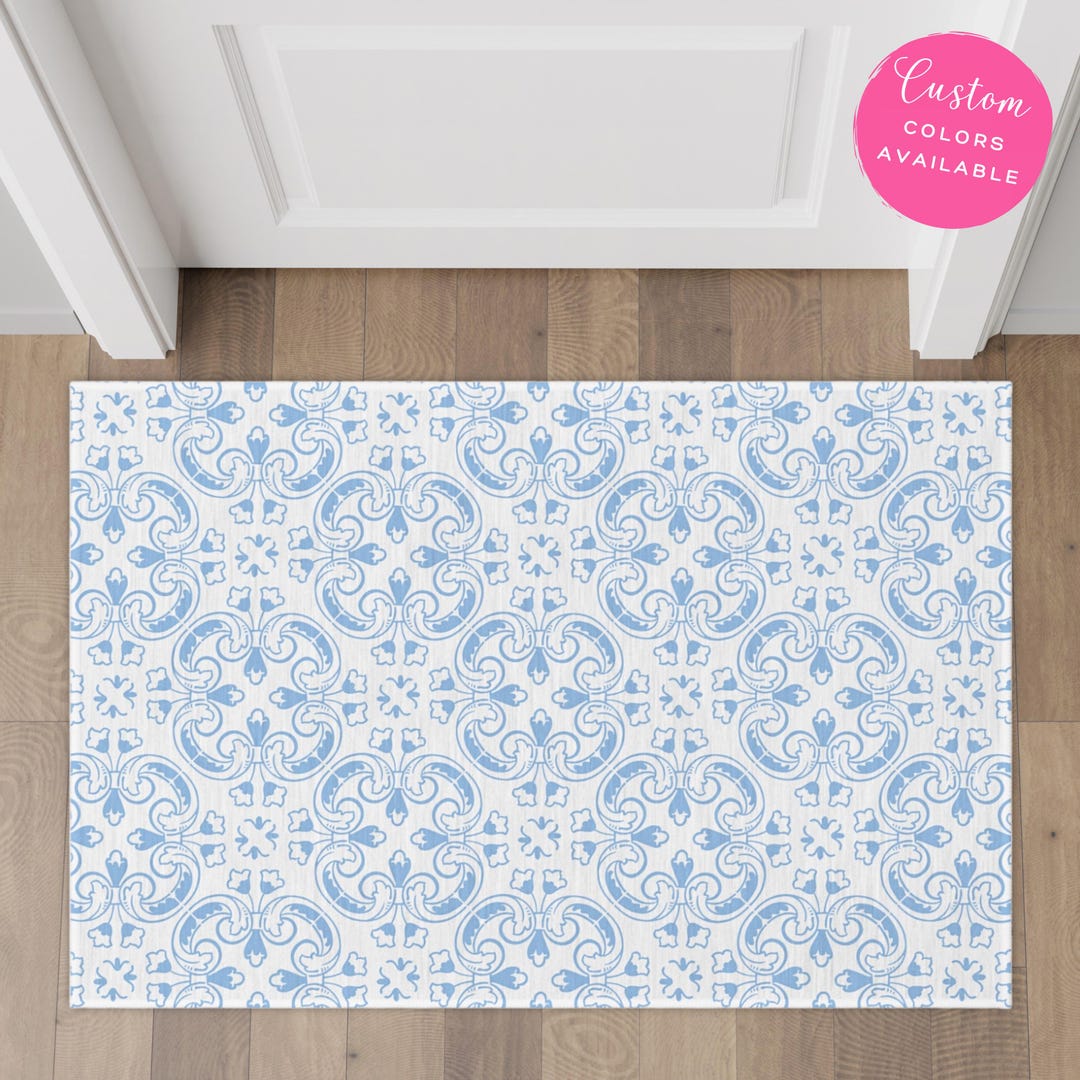 Preppy Blue Rug Blue Vintage Ornate Tile Rug, Custom Welcome Mat, Preppy Layering Rug ...
