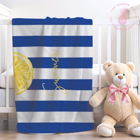 Königliche gestreifte Sommerdecke, personalisierte Decke, blau-weiß gestreifte Decke, Plüsch-Babydecke, Küstendekor