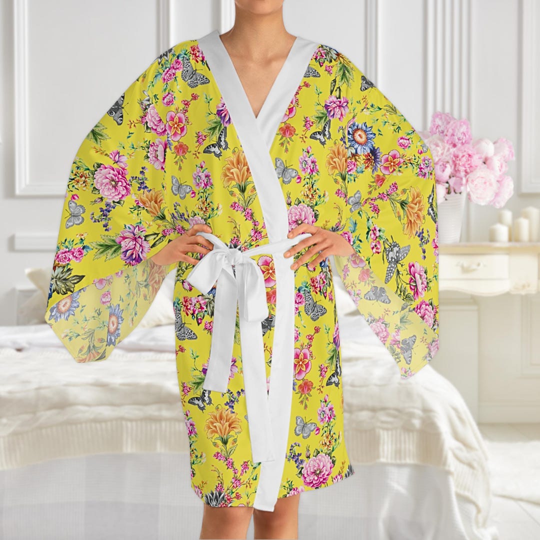Yellow Robe Cozy Yellow Cottage Garden Robe, Spring Botanical Kimono, Colorful Floral ...