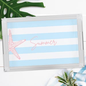 Blue Striped Summer Tray, Personalized Acrylic Tray, Blue and White Striped Tray, Watercolor Starfish, Coastal Beach Decor, Custom Gift