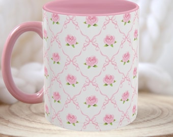 Cottage Roses Mug, Watercolor Roses Ceramic Mug, 11oz Cup, 15oz Cup, Pink Coquette Home Decor, Custom Gift for Her