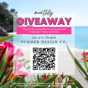 May include: A promotional graphic with a beach background, pink flowers, and text. The words "monthly GIVEAWAY" are in large pink letters. Text encourages viewers to join on Facebook for a chance to win a free gift. A QR code is included.