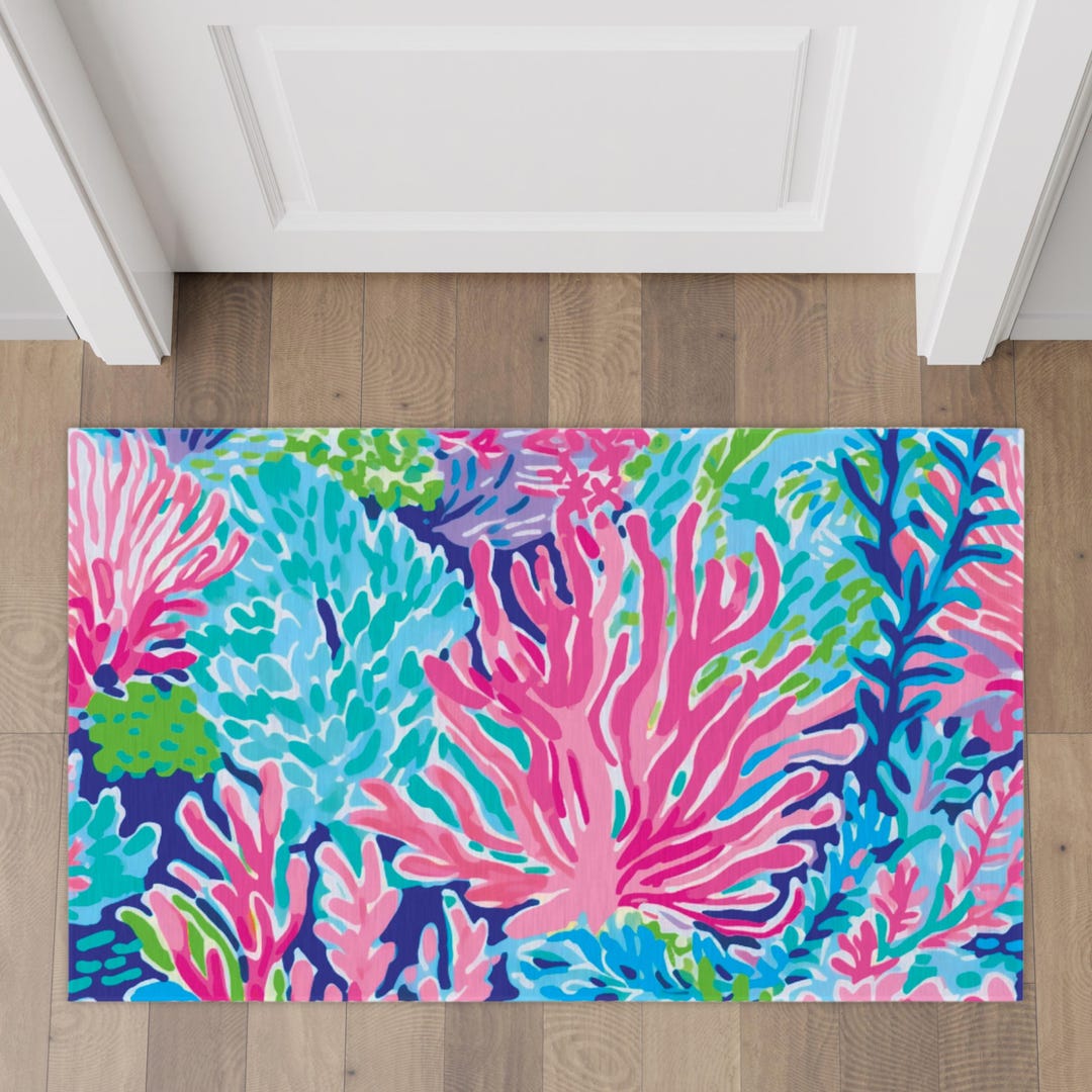 Preppy Blue Rug Blue Preppy Coral Rug, Colorful Personalized Welcome Mat, Watercolor ...