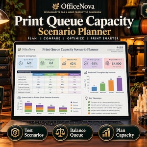 May include: A laptop screen displaying the OfficeNova Print Queue Capacity Scenario Planner dashboard, featuring data tables, bar charts, and key takeaways for 3D printing operations, with text labels including Plan, Compare, Optimize, and Print Smarter.