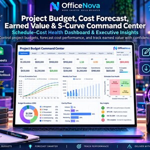 May include: A laptop screen displaying the OfficeNova Project Budget, Cost Forecast, Earned Value & S-Curve Command Center dashboard. The interface features financial metrics, a cumulative cost S-curve graph, a budget breakdown pie chart, and cost performance charts.