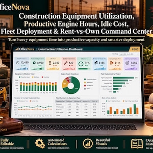 May include: A laptop screen displaying the OfficeNova Construction Utilization Dashboard, featuring data charts on equipment hours, idle costs, and fleet deployment. The interface includes metrics like total fleet hours, engine hours, and revenue per hour.
