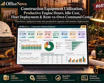 Construction Equipment Utilization Excel Template | Productive Hours, Idle Cost, Fleet Deployment (Digital Download)