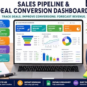 May include: A digital sales pipeline and deal conversion dashboard displayed on a laptop screen, featuring colorful charts, graphs, and metrics. The interface includes sections for pipeline tracking, conversion funnels, sales forecasts, and team performance data.