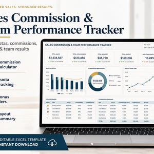 Puede incluir: Un ordenador portátil que muestra una plantilla de Excel para el seguimiento de comisiones de ventas y rendimiento de equipos. La pantalla presenta paneles de datos con gráficos de barras, un gráfico circular, líneas y tablas de resultados.