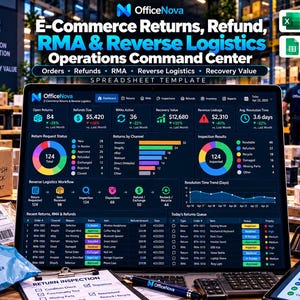 Puede incluir: Un panel de control digital en la pantalla de una computadora portátil titulado E-Commerce Returns, Refund, RMA & Reverse Logistics Operations Command Center. La interfaz muestra gráficos coloridos, tablas y diagramas de flujo.