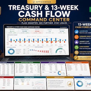 May include: A digital Treasury and 13-Week Cash Flow Command Center Excel template displayed on a laptop screen. The interface features financial dashboards, charts, and data tables for cash forecasting, scenario analysis, and liquidity management.