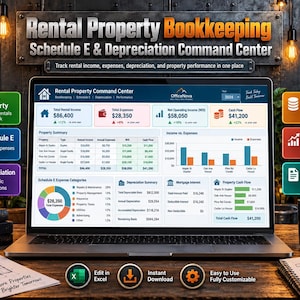 May include: A laptop screen displaying a Rental Property Bookkeeping Schedule E and Depreciation Command Center dashboard with financial data, charts, and tables. The interface includes sections for income, expenses, cash flow, and tax summaries.