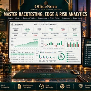 May include: A digital trading strategy dashboard by OfficeNova displayed on a computer monitor, featuring backtesting metrics, equity curves, and strategy rankings. The interface includes data on win rates, profit factors, and risk analytics.