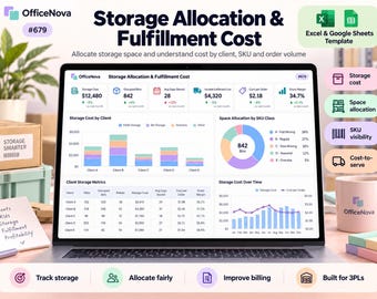 May include: A laptop screen displaying an OfficeNova Storage Allocation & Fulfillment Cost dashboard with data visualizations, including bar charts, a pie chart, and a metrics table. The interface features key performance indicators for storage costs, bin counts, and order volume, designed for inventory management and logistics tracking.