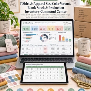 May include: A digital spreadsheet template for T-shirt and apparel inventory management displayed on a laptop and tablet screen. The interface shows data charts, stock levels, and production tracking. Includes folded fabric stacks, a color palette, and scissors.